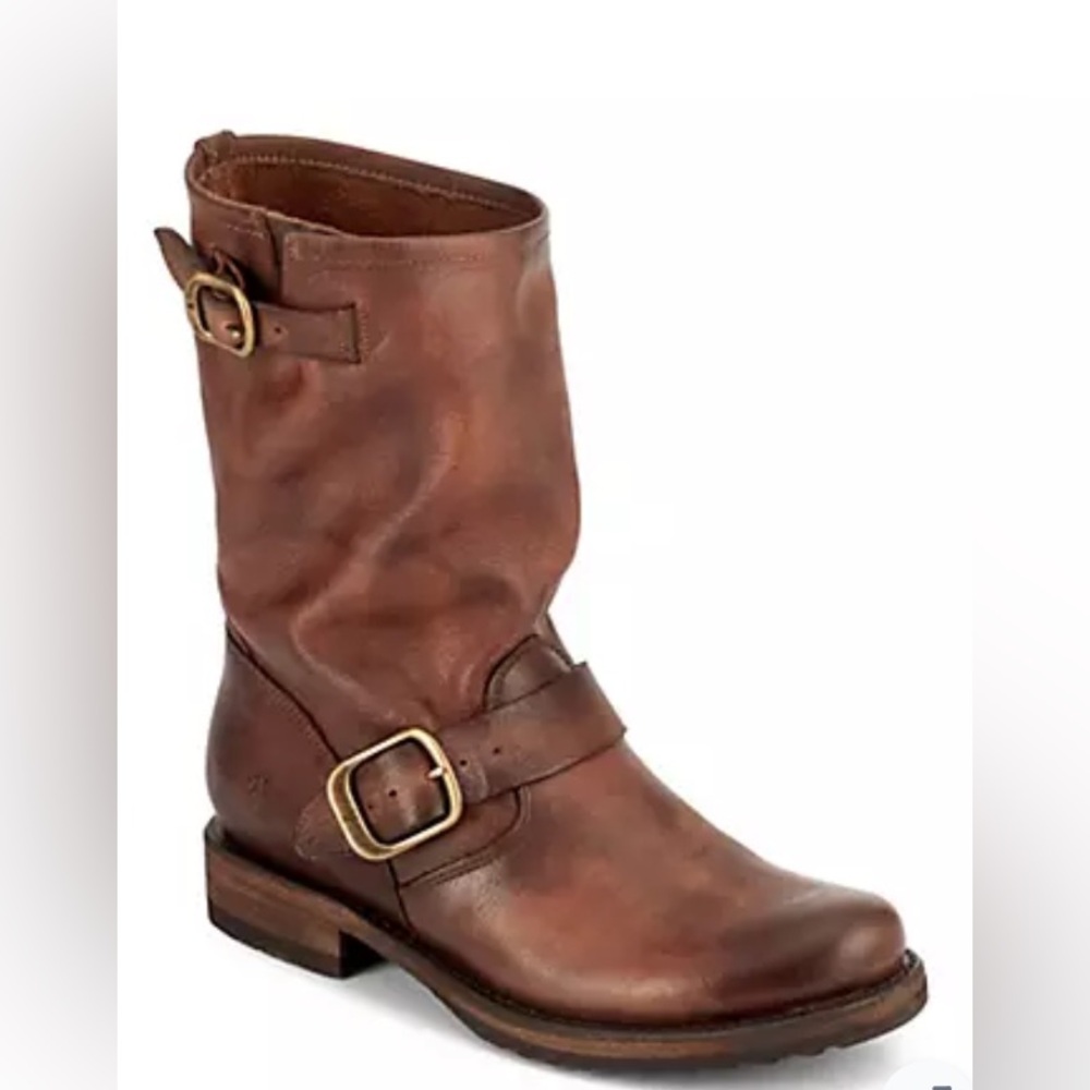 FRYE Veronica short - Brown Leather Mid-Calf Buckle Boot (Cognac brown)